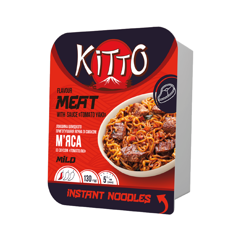 Локшина швидкого приготування зі смаком м’яса із томатним соусом «Томато-які», не гостра  ТМ "Kitto", лоток 130г