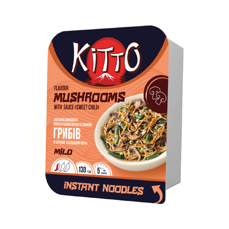 Локшина швидкого приготування зі смаком грибів із кисло-солодким соусом «Солодкий чилі», не гостра  ТМ "Kitto", лоток 130г