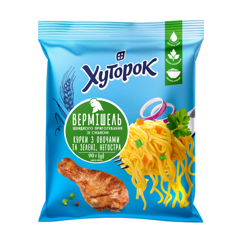 Вермішель швидкого приготування зі смаком курки з овочами та зеленню, не гостра ТМ "Хуторок" 90г