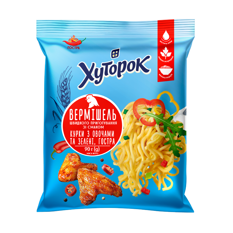 Вермішель швидкого приготування зі смаком курки з овочами та зеленню, гостра ТМ "Хуторок" 90г